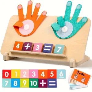 Wooden arithmetic learning board with number blocks and math cards