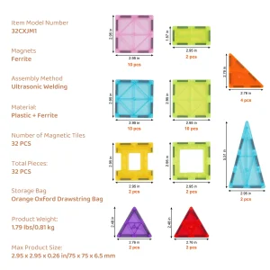 32PCS Light Magnetic Tiles Building Blocks for Boys and Girls