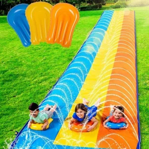 Joyfy 22.5ft Lawn Triple Water Slide with 3 BodyBoards  with Build in Advanced Sprinkler