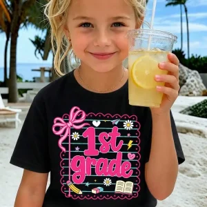 Girls 1st Grade Pink Bow Daisy Graphic Tee